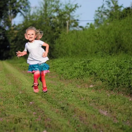 Prompt: a child with a runny nose and sauerkraut arms running over peas