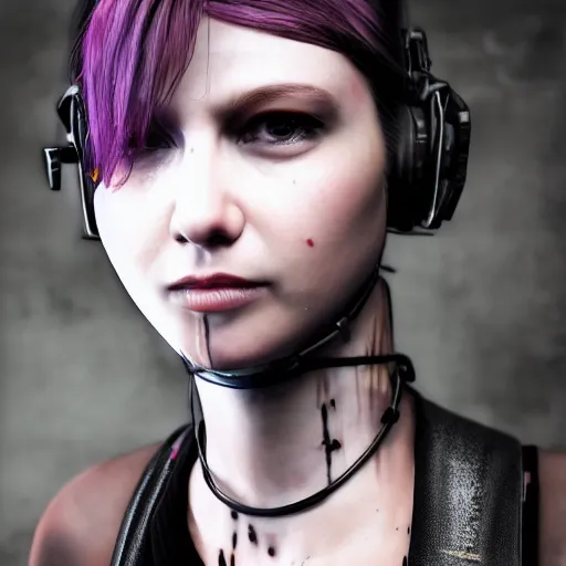 Image similar to detailed realistic female character cyberpunk wearing thick steel collar around neck, realistic, art, beautiful, 4K, collar, choker, collar around neck, punk, artstation, detailed, female, woman, choker, cyberpunk, neon, punk, collar, choker, collar around neck, thick collar, choker around neck, wearing choker, wearing collar,