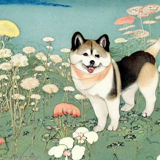 Prompt: akita inu dog wearing a floral kimono in a fanciful garden, by warwick goble and kay nielsen, highly detailed