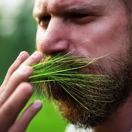 Prompt: A man intensely smelling gras, XF IQ4, 150MP, 50mm, F1.4, ISO 200, 1/160s, natural light