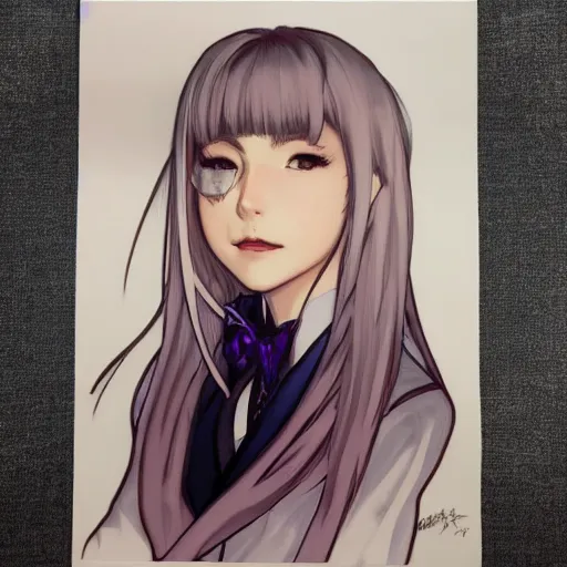 Image similar to kyoko kirigiri from danganronpa, portrait by artgerm, greg rutkowski and alphonse mucha, absolutely gorgeous, detective