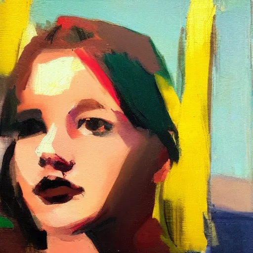 Prompt: artwork by malcolm liepke, close - up portrait of a cute hipster girl, triadic color scheme