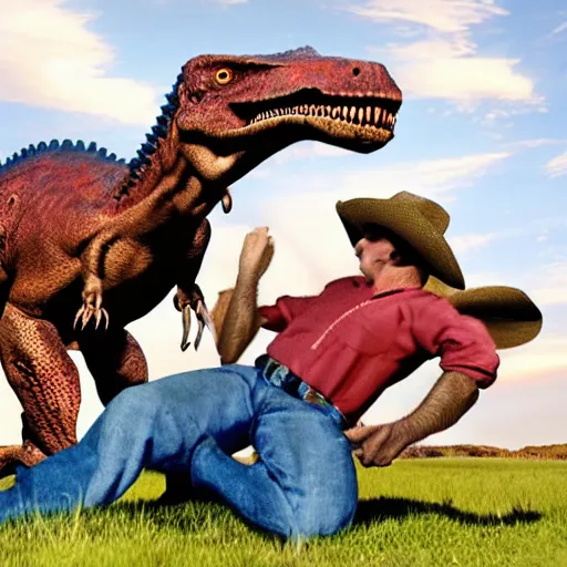 Image similar to cowboy wrestling a dinosaur