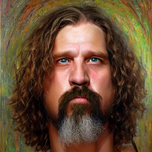 Prompt: abstract full upper body portrait of a young version of the dude from the big lebowski, by alexandra manukyan, suzy schultz, oil painting, intricate detail, visible big brushstrokes