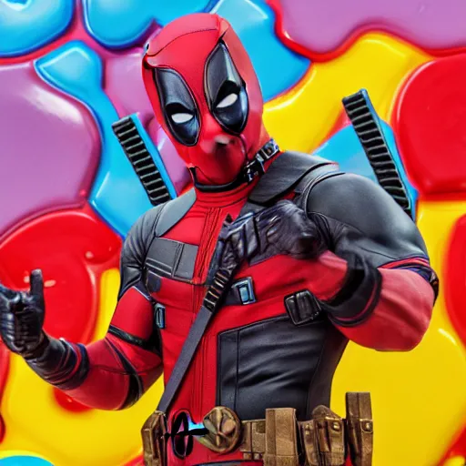 Image similar to deadpool in candyland, 8 k photography