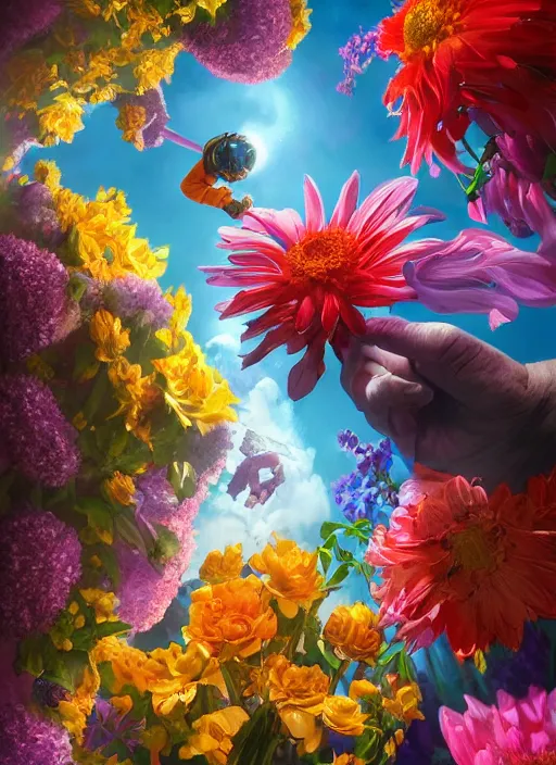 Image similar to An epic fantastic realism comic book style painting of the most beautiful flowers launched into space, bouquets, fisheye lens, unreal 5, DAZ, hyperrealistic, octane render, dynamic lighting