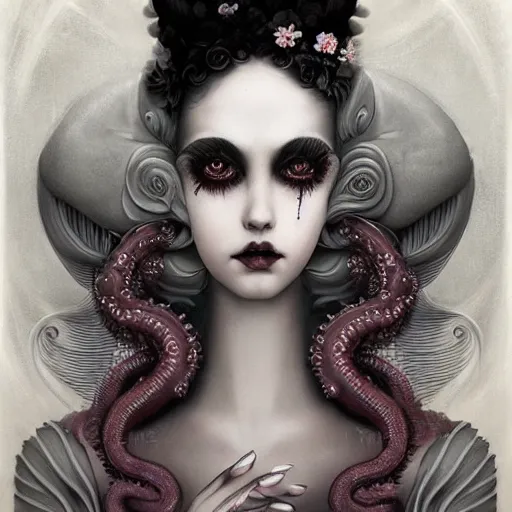 Prompt: By Tom Bagshaw, ultra realist soft painting of a curiosities carnival spikes flowers and tentacles by night, very beautiful dark eyed female dollpunk in full long dress, symmetry accurate features, very intricate details, omnious sky, black and white, volumetric light clouds