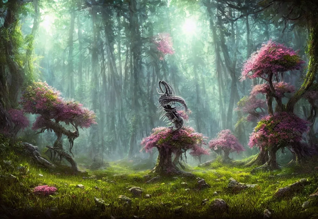 Image similar to an alien flowering meadow a forest behind it, epic fantasy, detailed, intricate, digital painting, concept art, realistic, smooth, focus, rim light