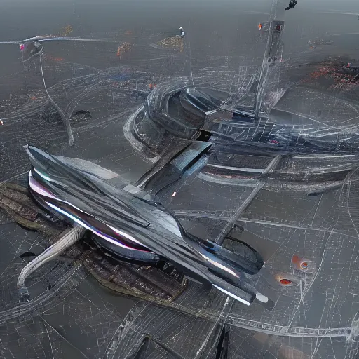 Image similar to Kazimierz Malewicz sci-fi motherboard airport view from above structure and digital billboard point cloud in the middle, unreal engine 5, keyshot, octane, artstation trending, ultra high detail, ultra realistic, cinematic, 8k, 16k, in style of zaha hadid, in style of nanospace, in plastic, dark, tilt shift,