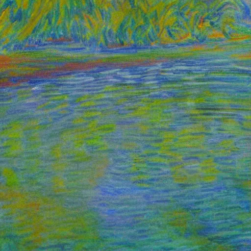 Image similar to a beautiful impressionist painting of a winding river, in the style of monet colored charcoal drawing on canvas