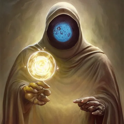 Image similar to masked nomad male wearing a cloak on an alien world and holding a holographic planet projection in his hand, detailed, sci - fi, digital painting, artstation, sharp focus, illustration, ominous, artgerm, tomasz alen kopera, peter mohrbacher, donato giancola, joseph christian leyendecker, wlop, frank frazetta