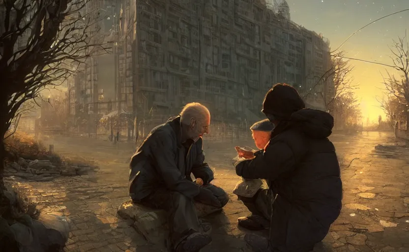 Image similar to highly detailed portrait of joe biden as a homeless, conversing with a child, stephen bliss, unreal engine, fantasy art by greg rutkowski, loish, rhads, ferdinand knab, makoto shinkai and lois van baarle, ilya kuvshinov, rossdraws, tom bagshaw, global illumination, radiant light, detailed and intricate environment