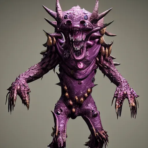 Image similar to cute monster, rubber spikes on the body, rubber skin spikes, spikes are from rubber, purple skin, skinny, gold armor, battleground background, battlefield, concept art, artstation, award winning, high detailed, 4k, 8k, hd textures, octane render, intricate details, volumetric lighting, realistic, hyperdetailed