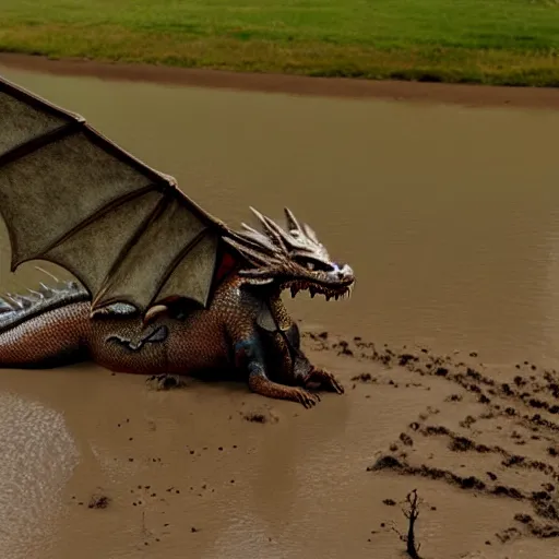 Prompt: friendly dragon in the mud
