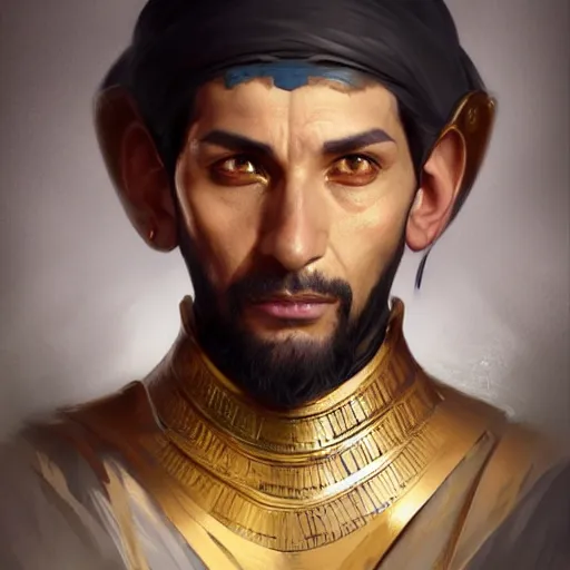 Image similar to egyptian nobleman, portrait, headshot, D&D, fantasy, highly detailed, digital painting, artstation, concept art, sharp focus, illustration, art by artgerm and greg rutkowski and alphonse mucha