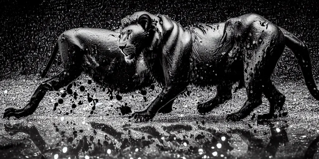 Image similar to the black lioness made of ferrofluid, in the zoo exhibit, viscous, sticky, full of black goo, covered with black goo, splattered black goo, dripping black goo, dripping goo, splattered goo, sticky black goo. photography, dslr, reflections, black goo, zoo, exhibit