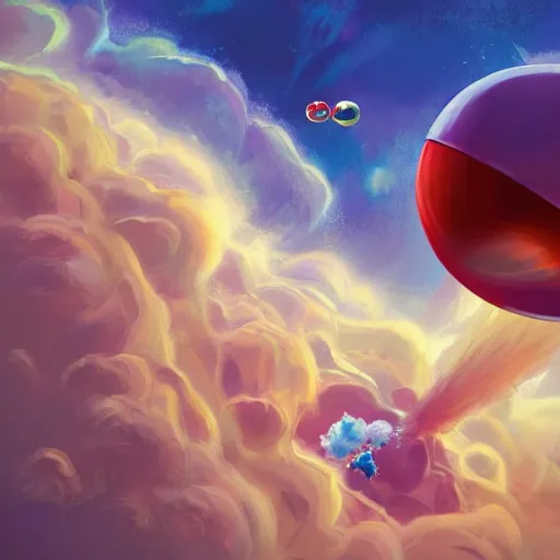 Prompt: a stunning wide angle view of a pokeball falling from a cliff into space, highly detailed clouds, artistic composition, sharp focus, intricate concept art, digital painting, colorful flat surreal design, hd, 8 k, artstation, ambient lighting