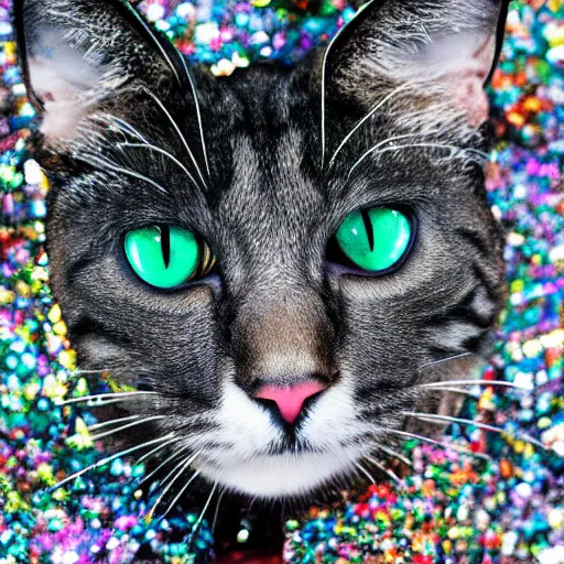 Image similar to a photo of a cat covered in sequins, hyperrealistic, textured, animal portrait, f 2. 8