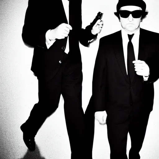 Image similar to blues brothers walking towards camera with white background. wearing suits. strong shadows. high contrast. serious look. carrying a pistol