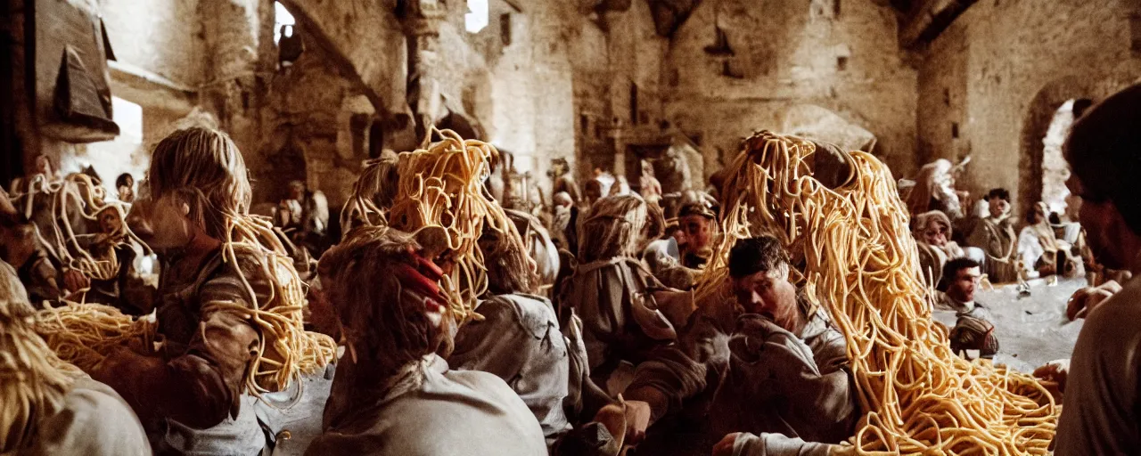 Image similar to knights protecting a giant mound of spaghetti, in a medieval castle, canon 5 0 mm, super detailed face, facial expression, cinematic lighting, photography, retro, film, kodachrome