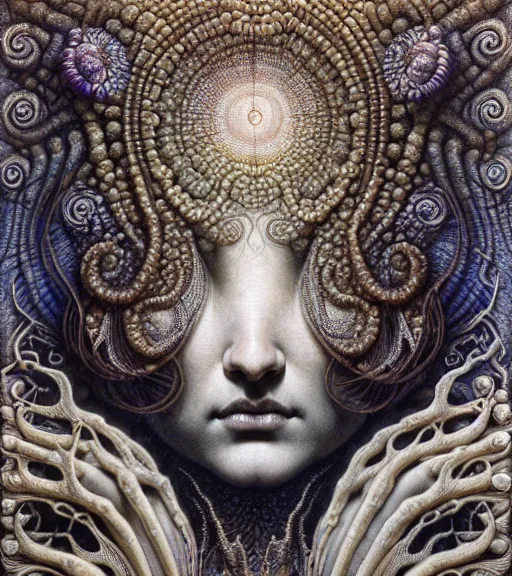 Image similar to detailed realistic beautiful reef goddess face portrait by jean delville, gustave dore, iris van herpen and marco mazzoni, art forms of nature by ernst haeckel, art nouveau, symbolist, visionary, gothic, neo - gothic, pre - raphaelite, fractal lace, intricate alien botanicals, ai biodiversity, surreality, hyperdetailed ultrasharp octane render