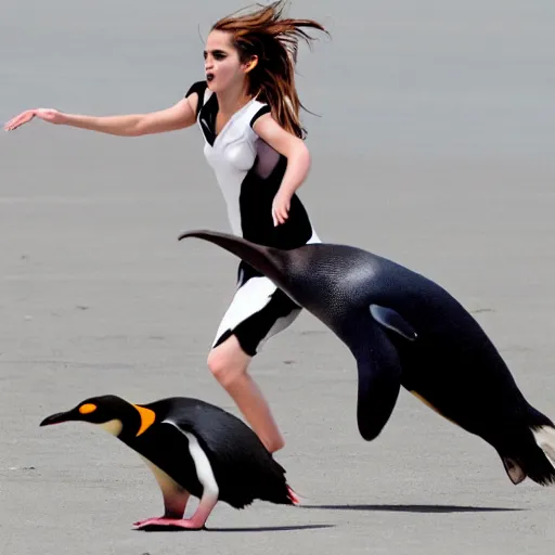 Prompt: a photograph of emma watson chasing a penguin