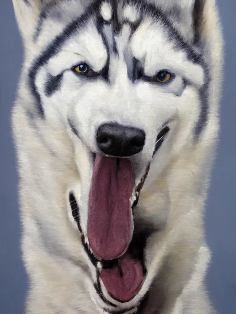 Prompt: portrait painting of a husky wearing a white vest