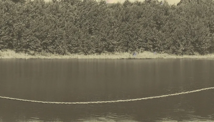 Prompt: photograph of an infinitely long rope floating on the surface of the water, the rope is snaking from the foreground towards the center of the lake, a dark lake on a cloudy day, anamorphic lens, kodak color film stock