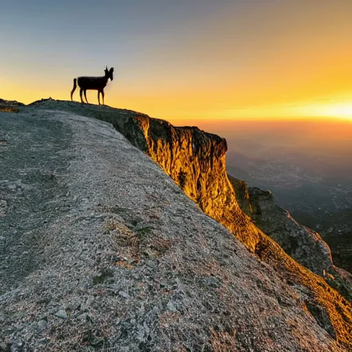 Image similar to an amazing portrait of a donkey on a slim rocky path at the edge of a cliff, rocky mountains in the background, sunset sky photography, award winning cinematic lighting, highly detailed