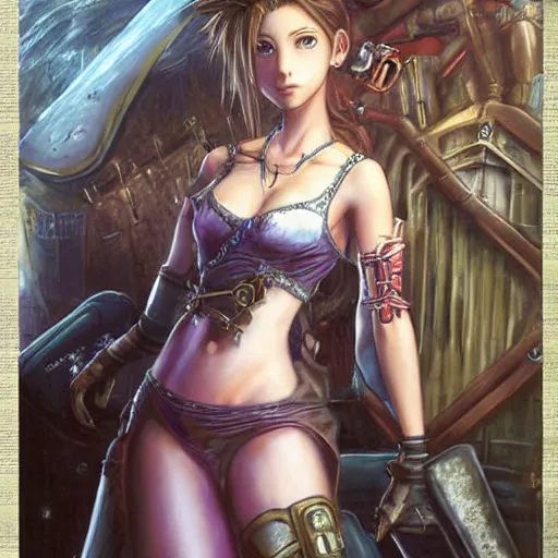 Image similar to a portrait painting of aerith from from final fantasy 7 with the steam punk city midgard as backfrop by master artist yoshitaka amano