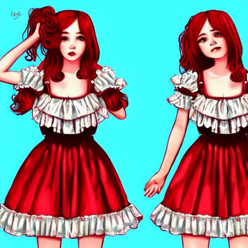 Image similar to twins wearing a lolita dress, full body shot, red hair, highly detailed, digital painting, artstation, concept art, smooth, sharp focus, illustration