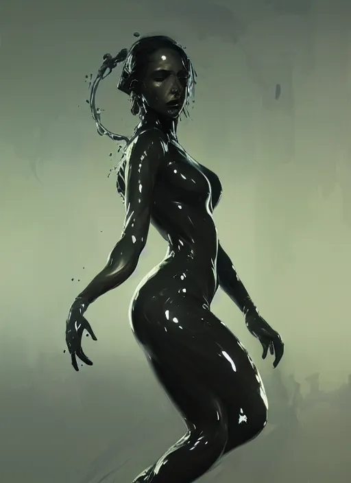 Image similar to painting of a woman in black slime, highly detailed, digital painting, concept art, smooth, sharp focus, illustration, illustration by greg rutkowski, yoji shinkawa, 4 k, digital art, concept art, trending on artstation, 8 k