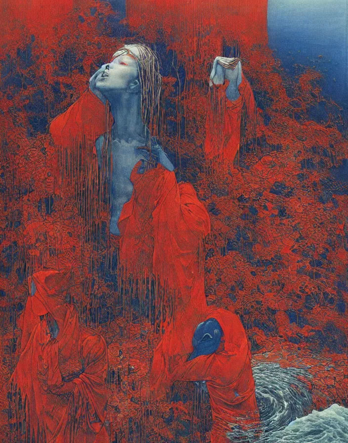 Image similar to worshippers in red robes and hoods wading through waves, high detailed beksinski painting, part by adrian ghenie and gerhard richter. art by takato yamamoto. masterpiece, deep colours, blue