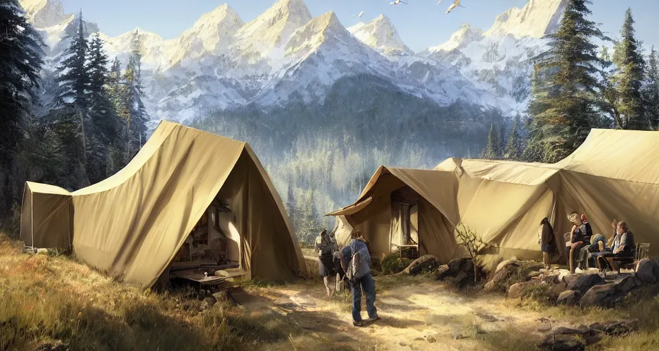 Image similar to cabela's beautiful comfortable community of modular insulated wall container home kit - house all weather family dwelling tent house, person in foreground, mountainous forested wilderness open fields, beautiful views, painterly concept art, environmental concept art, concept art illustration, by james gurney, by craig mullins, by greg rutkowski trending on artstation