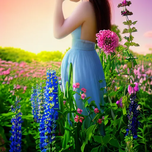 Prompt: a portrait of a romantic woman with flowers grow out of hair, roses peonies forget-me-nots dahlias lupins gladioli, sky theme in background, 35mm Photograph, 4K Resolution, Astrophotography, Digital Art, Trending on artstation