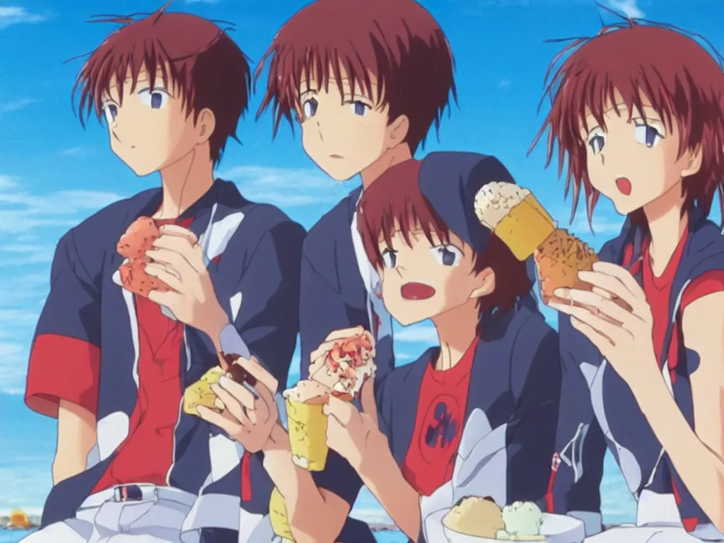 Prompt: two teenagers eating ice cream, on a beach, still from evangelion anime