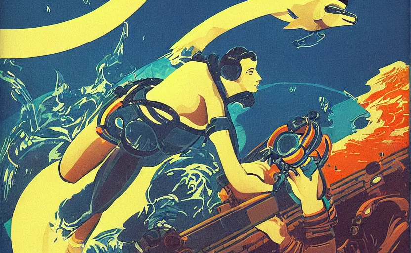 Prompt: vaporwave art deco of scuba diver in atlantis by adolphe millot