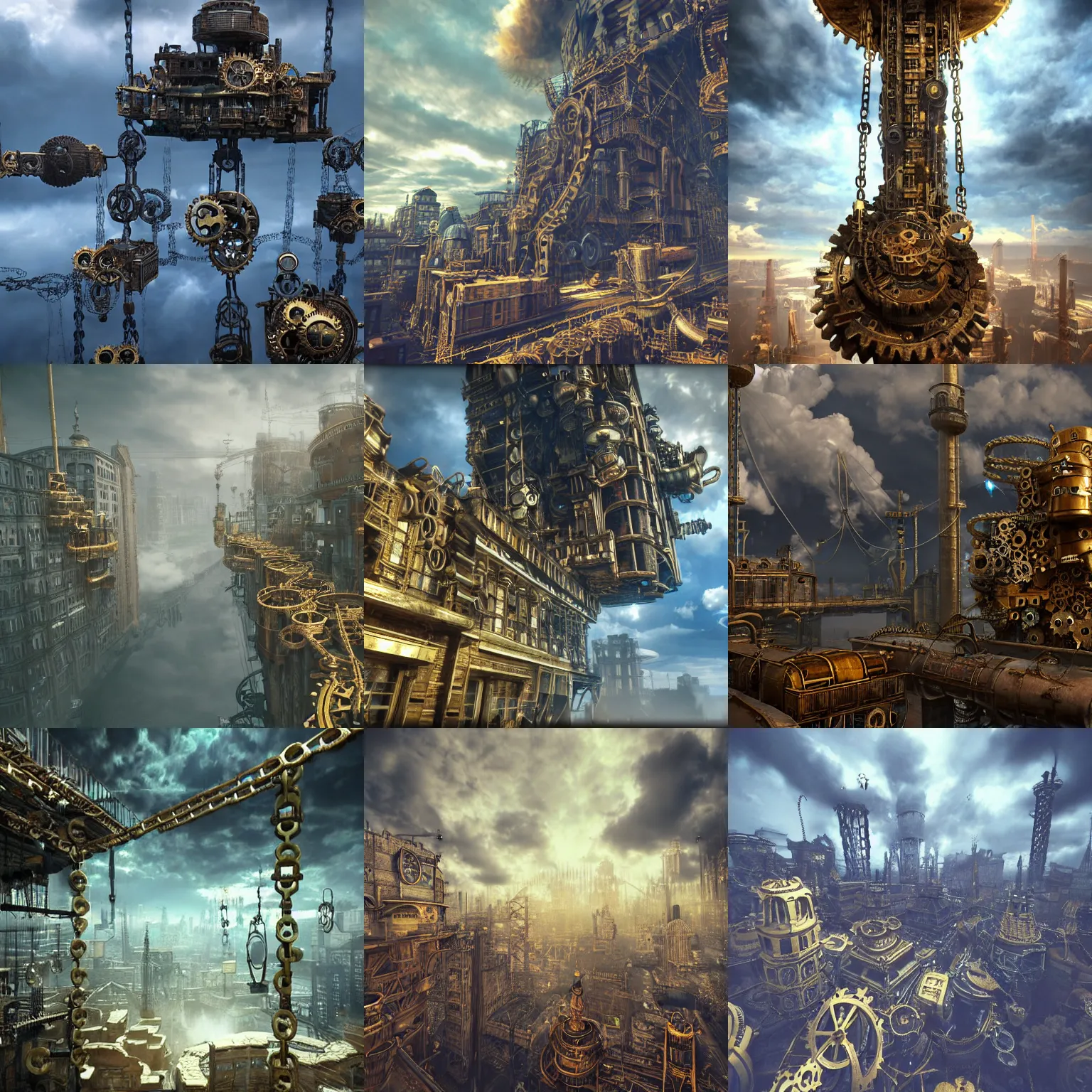 Prompt: floating!!! ( ( ( ( steampunk ) ) ) ) city in the clouds held up by enormous chains, gears!!, steam clouds, dense, gold, blue, octane render, masterpiece, highly detailed, unreal engine 5
