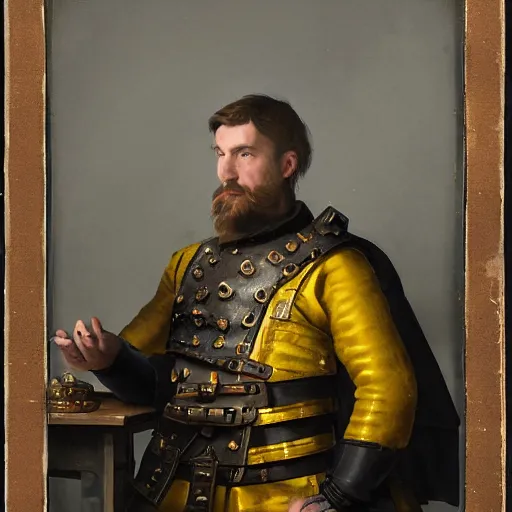 Image similar to Frustrated and acerbic male Imperial sergeant with a short beard wearing a {black and yellow tabard} over a steel breastplate and a black gambeson leaning over a table, by Raymond Swanland Greg Rutkowski Lise Deharm, {perfect face}, {perfect eyes}, {perfect body}, {hands planted on war table while standing}, fantasy