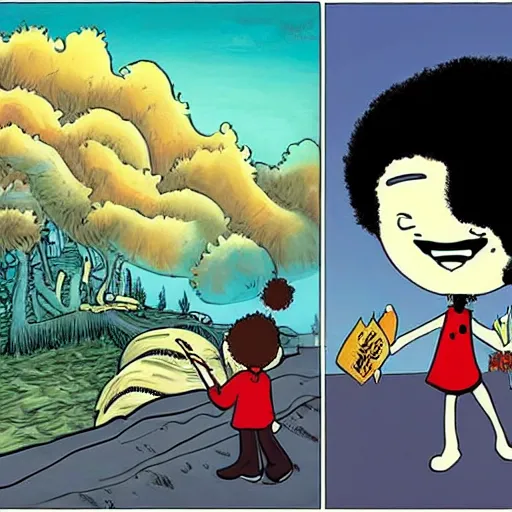 Image similar to comic book art in the style of bob ross and tim burton