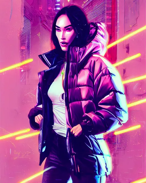 Image similar to detailed portrait Megan Fox Neon Operator Girl, cyberpunk futuristic neon, reflective puffy coat, decorated with traditional Japanese ornaments by Ismail inceoglu dragan bibin hans thoma greg rutkowski Alexandros Pyromallis Nekro Rene Maritte Illustrated, Perfect face, fine details, realistic shaded, fine-face, pretty face