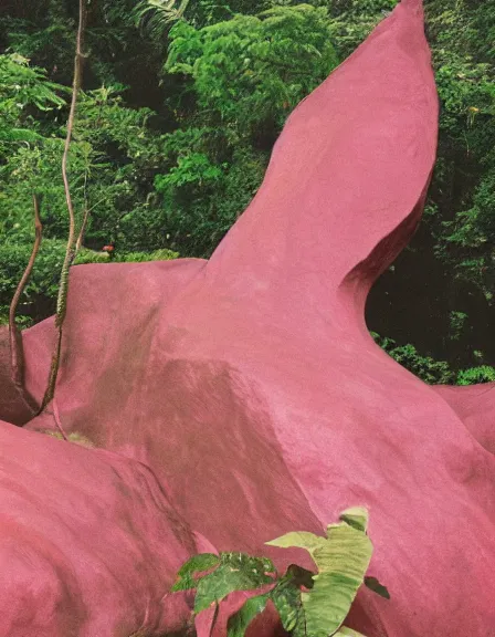 Image similar to vintage color photo of a giant 1 1 0 million years old abstract sculpture made of liquid pink gold covered by the jungle vines