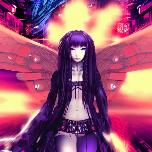 Prompt: anime cyberpunk art, cute and beautiful full body female angel in the style of ghost in the shell, red blue purple black fade, orange braided hair, dark purple lighting, night sky, braided hair, dark fantasy, highly intricate detailed, braided hair, advanced digital goth anime art, soft blur and glow, wlop and rossdraws and sakimimichan