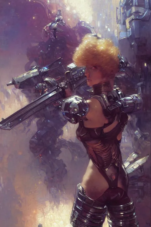 Image similar to futuristic women with medieval armor cyborg fighting dynamic poses, holding a gunsword, detail, beautifull face, no blur, painting by gaston bussiere, craig mullins, greg rutkowski, yoji shinkawa, sorayama