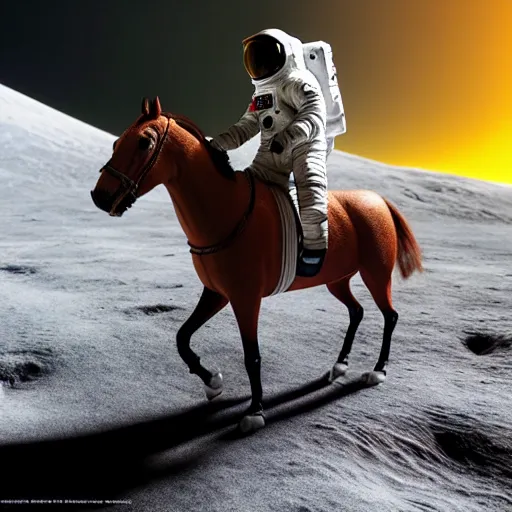 Image similar to professional photo of astronaut riding a horse on the moon, hyperrealistic masterpiece, trending on artstation, cgsociety, kodakchrome, golden ratio, cinematic, composition, beautiful lighting, hyper detailed, sharp focus, octane render, 4 k, unreal engine