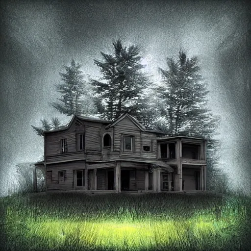 Prompt: digital art, house in forest as horror
