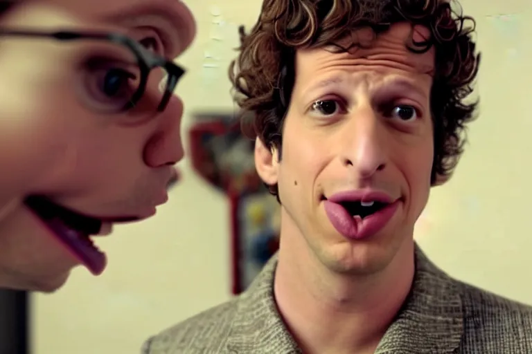 Image similar to a cinematic still of ((andy samberg)) astonished, masterpiece