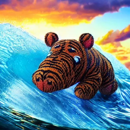 Image similar to a closeup photorealistic photograph of a cute smiling knitted tiger hippopotamus riding a large wave at sunset. surf in the background. professional capture. brightly lit scene. this 4 k hd image is trending on artstation, featured on behance, well - rendered, extra crisp, features intricate detail, epic composition and the style of unreal engine.