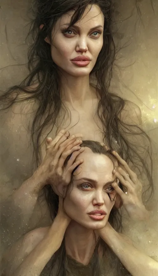 Image similar to epic masterpiece angelina jolie, sweaty skin, hyperrealistic, octane render, cinematic, beautiful face and flawless skin, perfect hands, 5 fingers, by Edgar Maxence and Ross Tran and Michael Whelan, Legends of Runeterra