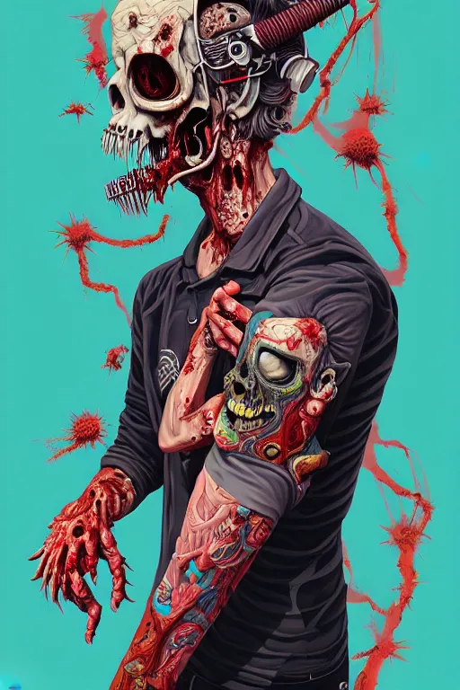 Prompt: zombie punk guitarist, tristan eaton, victo ngai, artgerm, rhads, ross draws, intricated details, 3 / 4 view, full body portrait